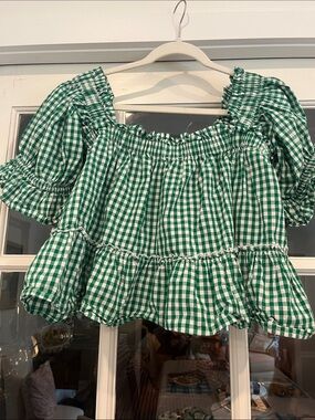 Elizabeth Wilson Gingham Off-Shoulder Ruffle Top